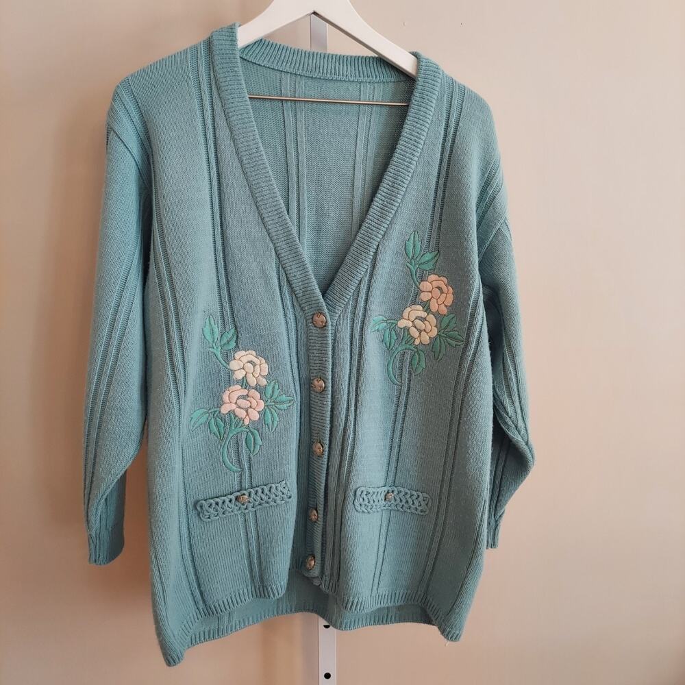 Vintage Embroidered Cardigan Sweater Coastal Grandma Longline V-Neck Cottagecore - Picture 2 of 7